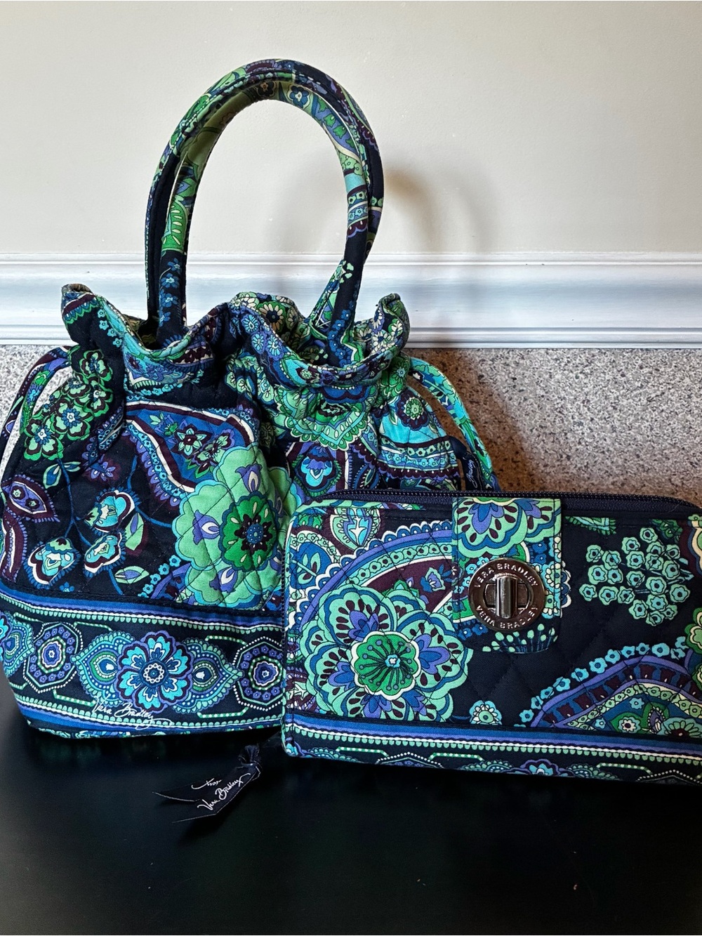 Vera Bradley Blue Rhapsody Emma Bag & Turn Lock Wallet in Navy, Green & Teal